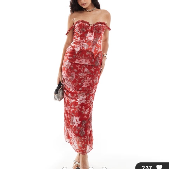 ASOS DESIGN off the shoulder satin corset detail ruched midi dress in red - Picture 1 of 1